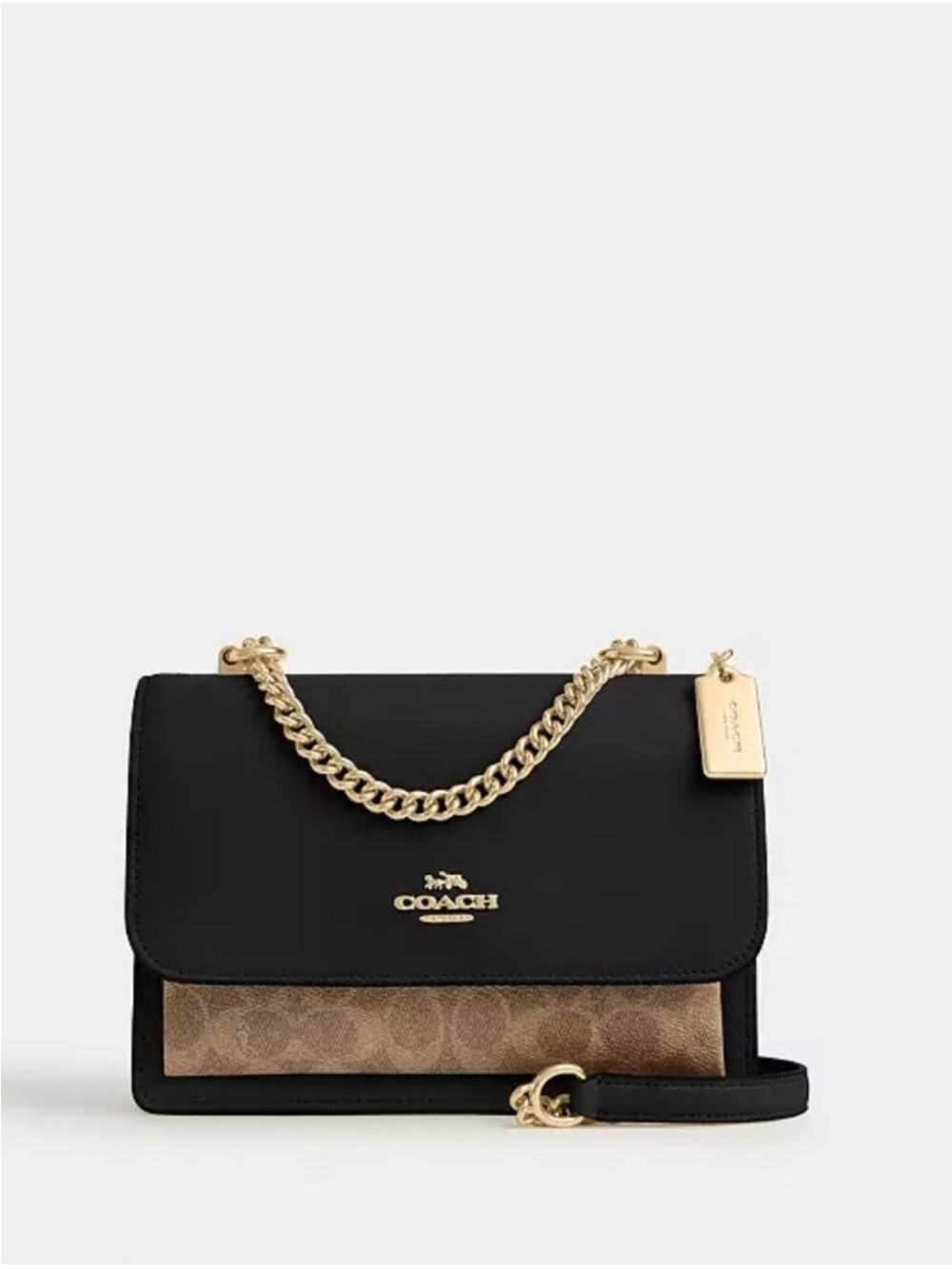 Coach Black & Brown Signature Flap Crossbody with Gold Chain